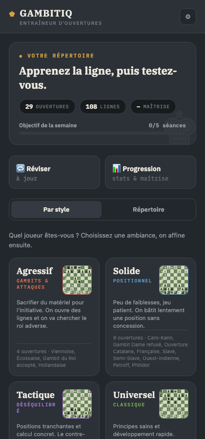 Écran d'accueil de GambitIQ : répertoire par style de jeu
