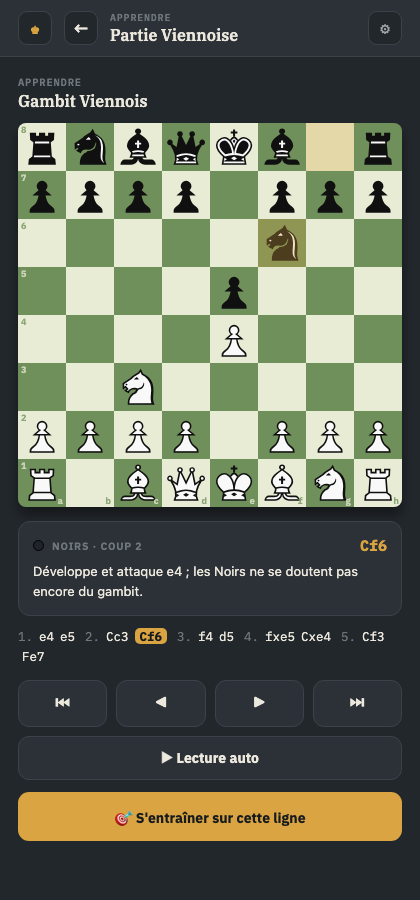 Écran Apprendre de GambitIQ : déroulé coup par coup avec explication